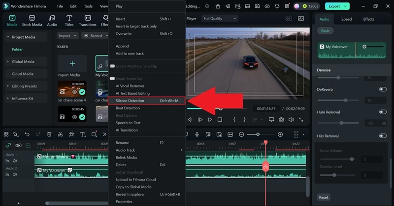 accessing silence detection feature in filmora