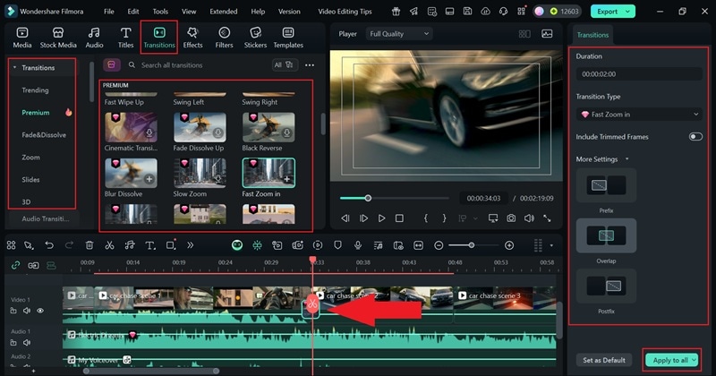 apply transitions from filmora media library