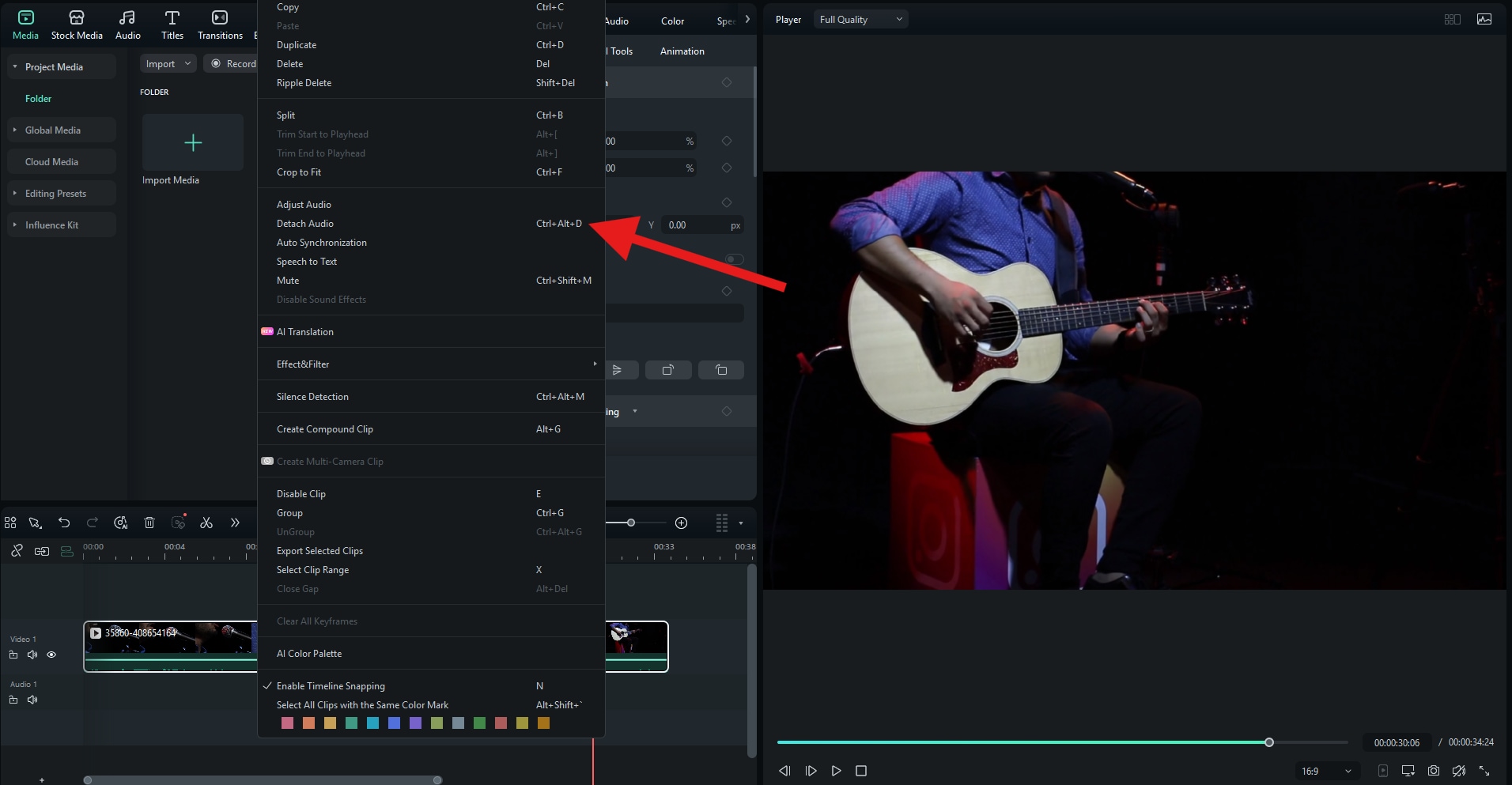use the detach audio feature filmora
