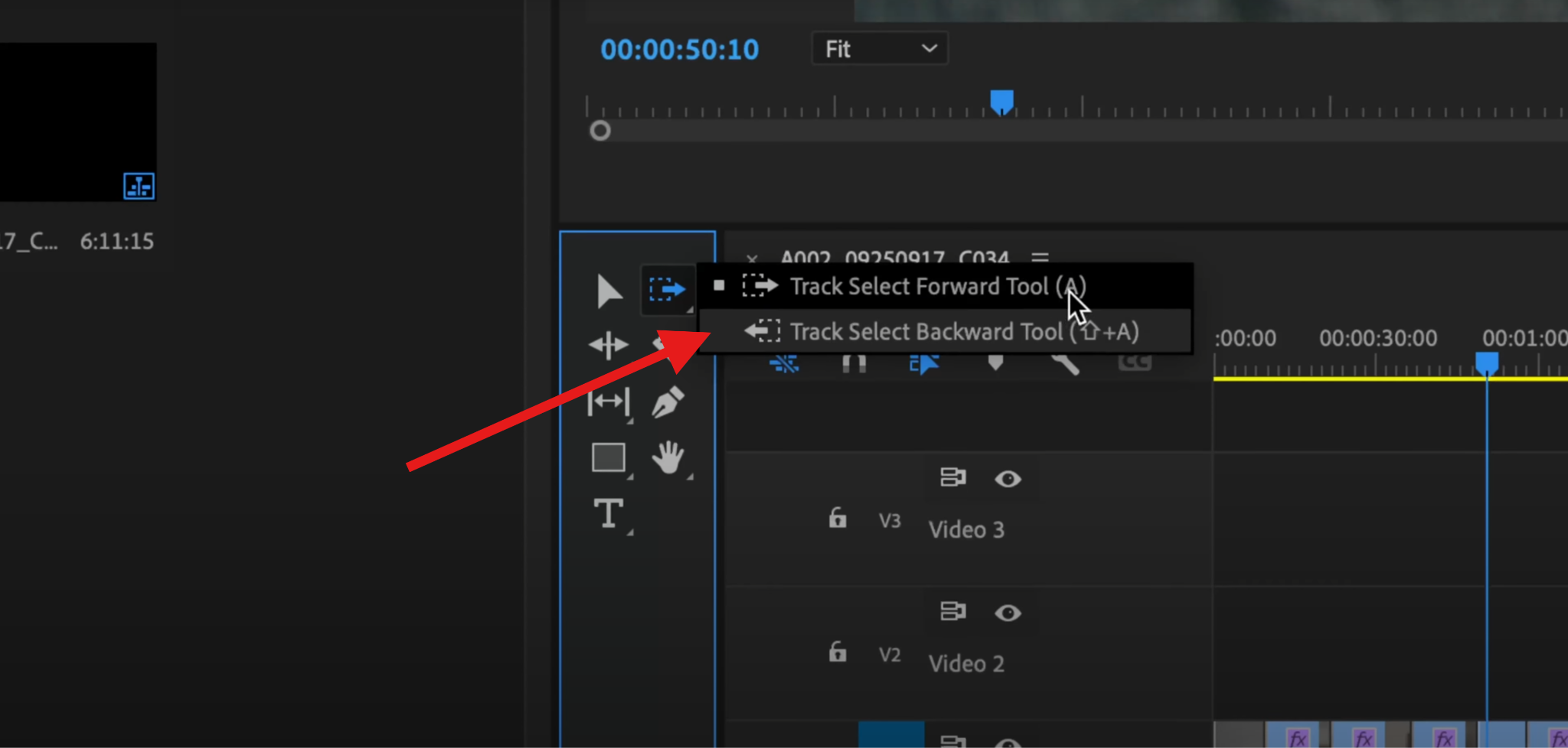 track select backward tool premiere pro