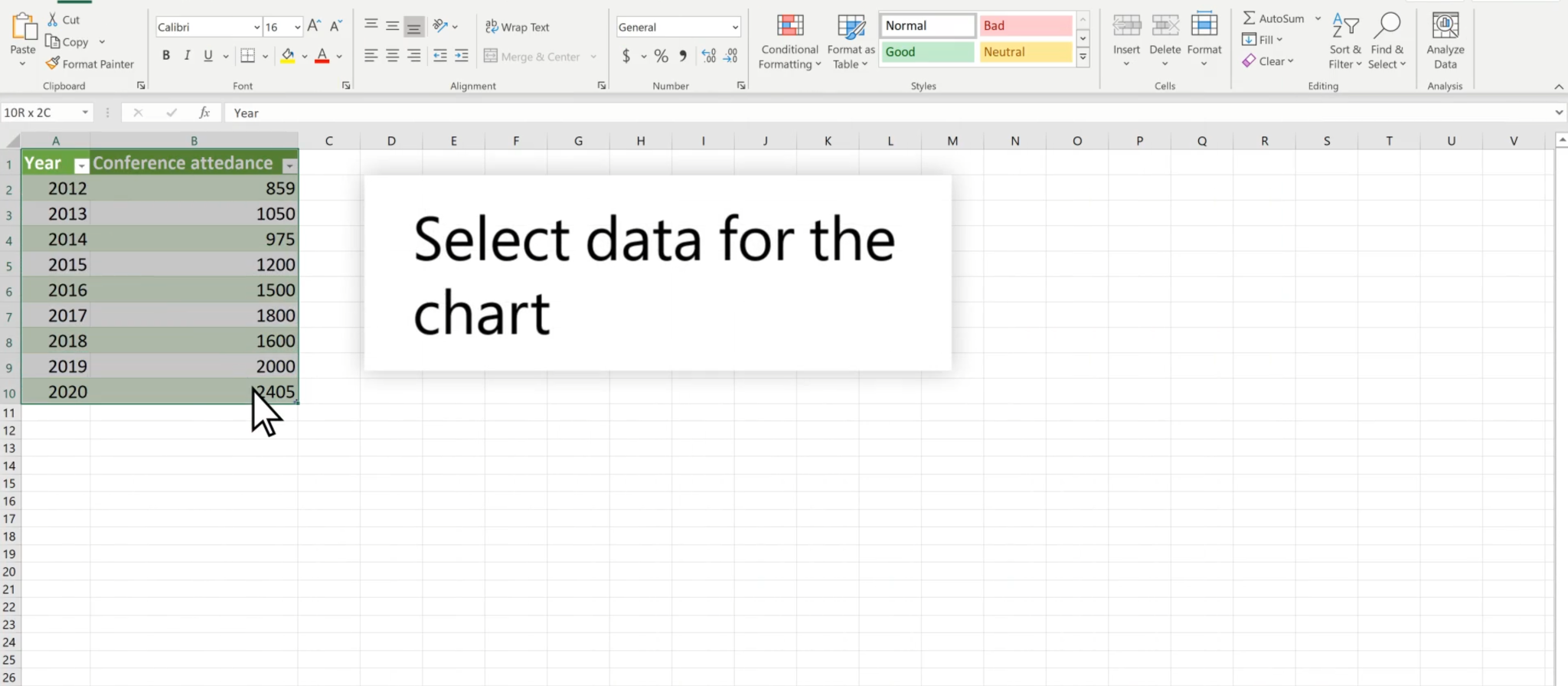 select excel data for chart conversion