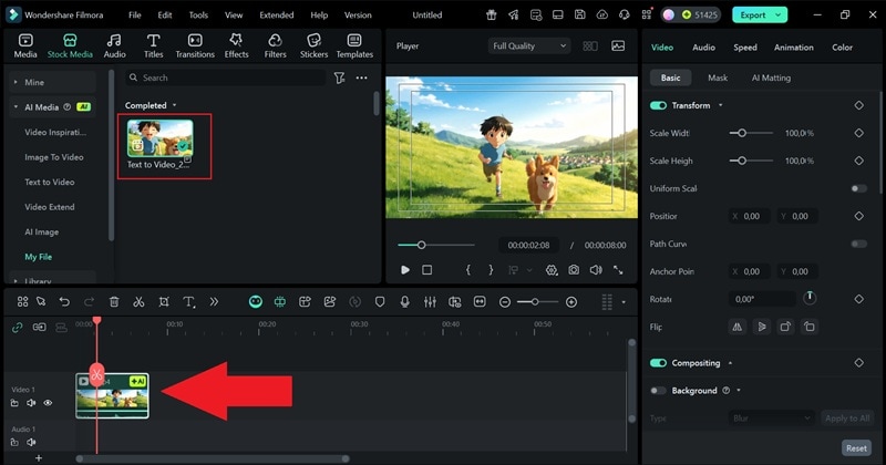 Sobald das Video generiert wurde, ziehen Sie Ihr KI-Video in die Zeitleiste unten.Sobald das Video generiert wurde, ziehen Sie Ihr KI-Video in die Zeitleiste unten.