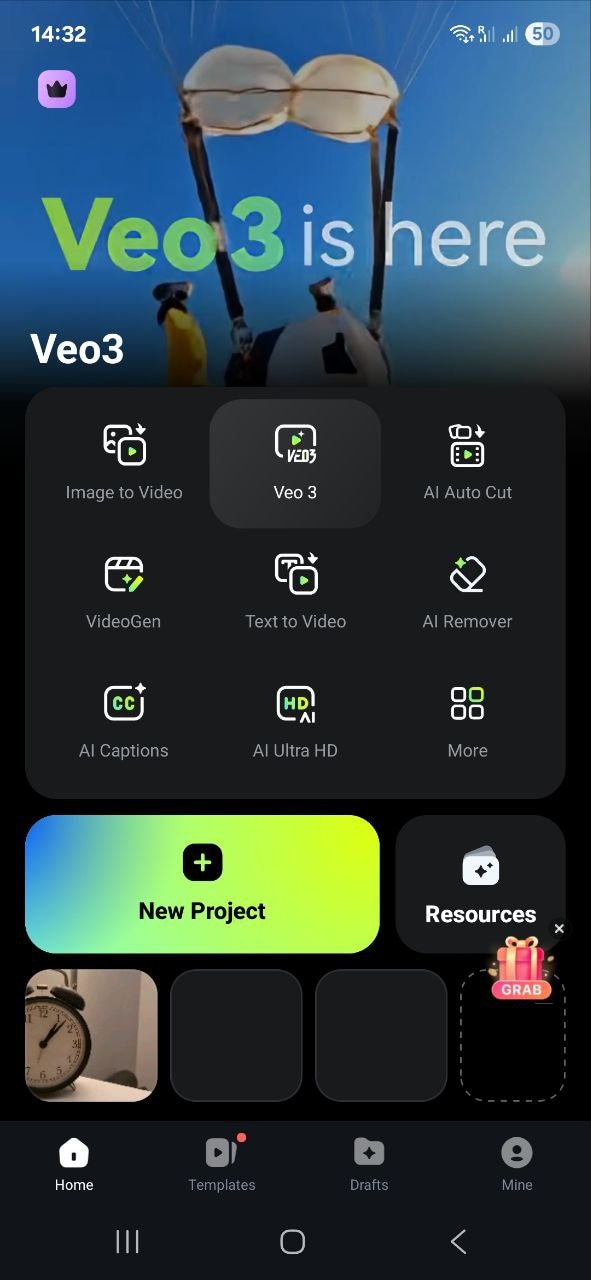 выбрать veo 3 на главном экране filmora