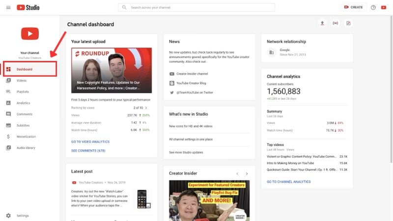 dashboard page in youtube studio
