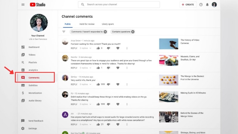 comment page in youtube studio