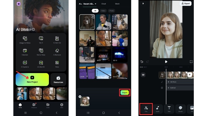 go to retouch tool in filmora