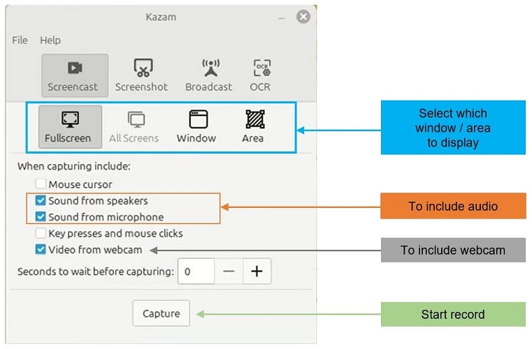 start screen recording on kazam