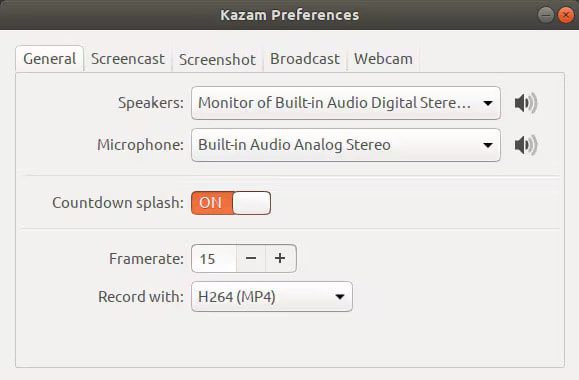 settings on kazam