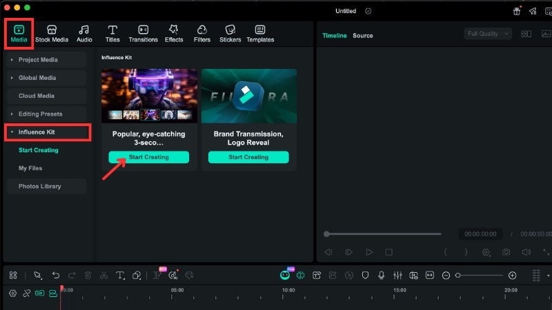 open filmora and go to influence kit