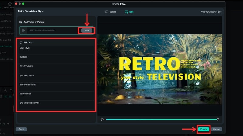 customize the template and click finish