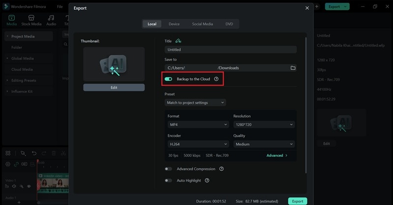 upload project to filmora cloud on desktop