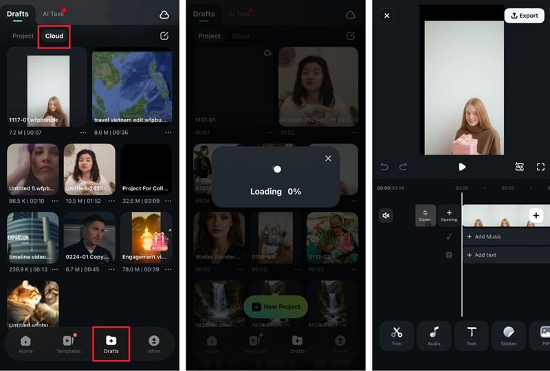 download project from filmora cloud mobile