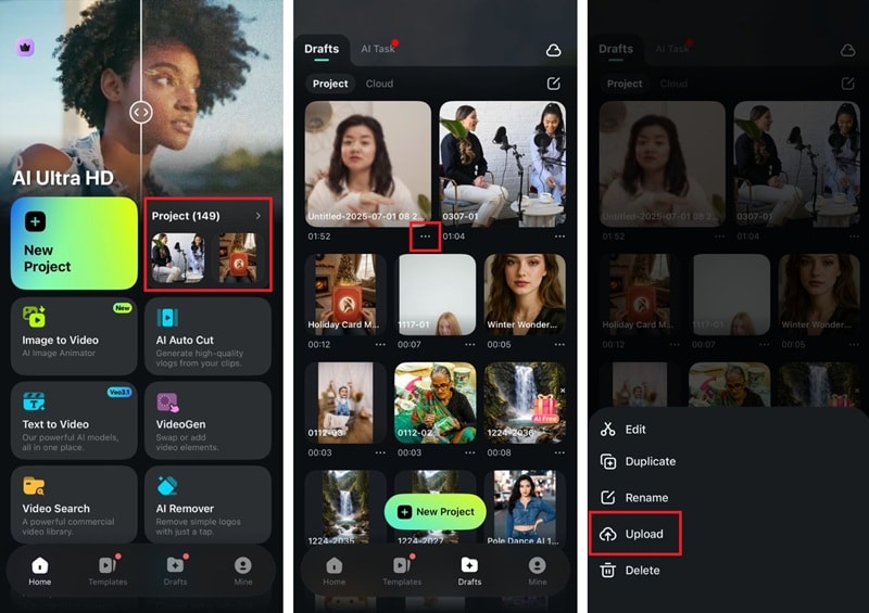 upload project to filmora cloud mobile