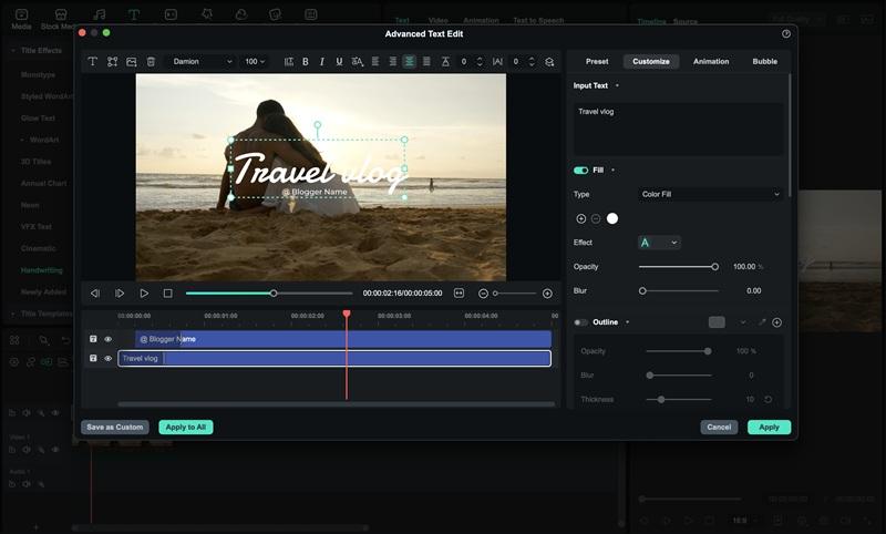 filmora text advanced setting