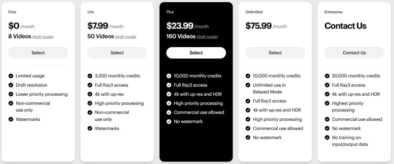 luma ai pricing plans