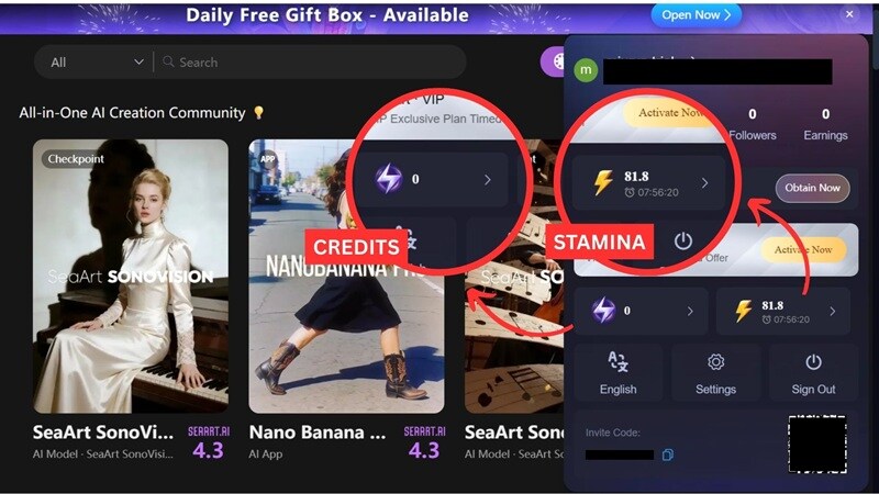 seaart ai credits stamina