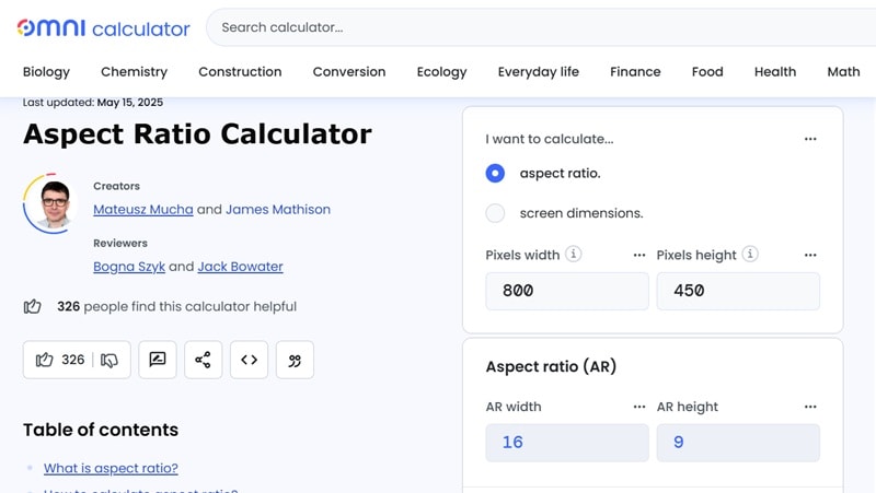 omni calculator top aspect ratio calculator