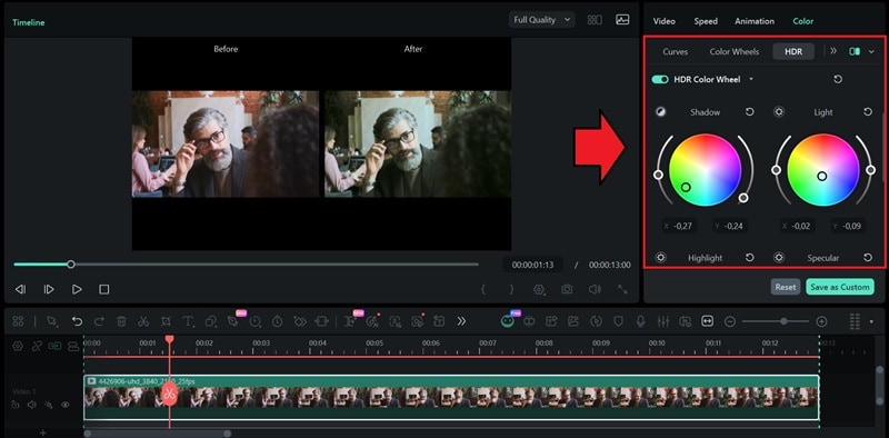 apply hdr color wheel in filmora