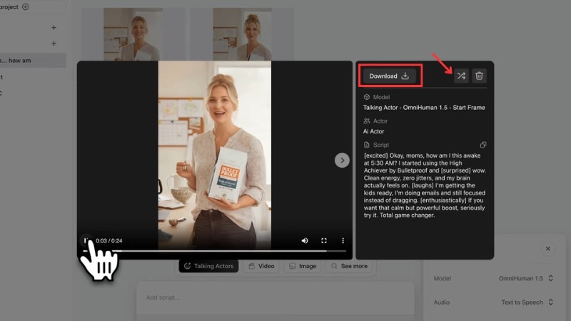 Arcads AI 결과 다운로드 또는 재생성