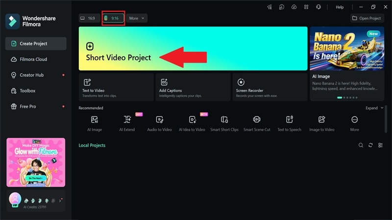 access short video project in filmora