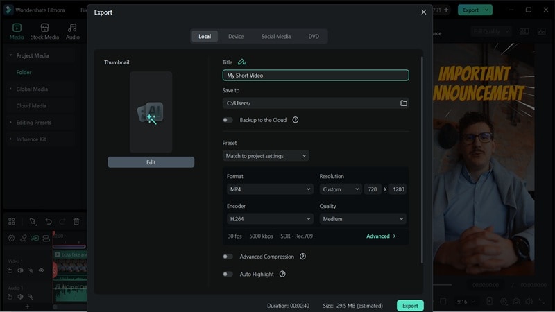 export your short video in filmora