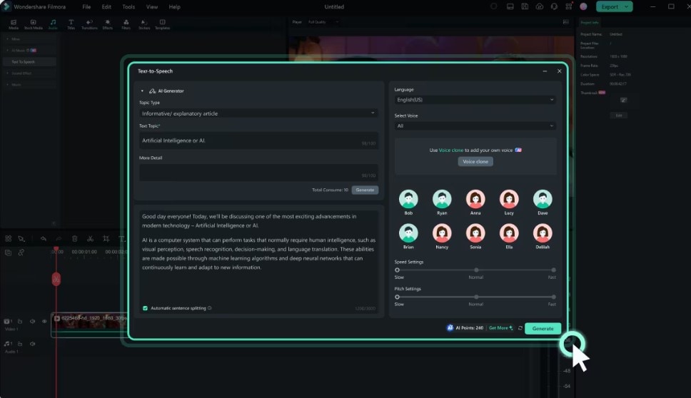 filmora ai text to speech tool