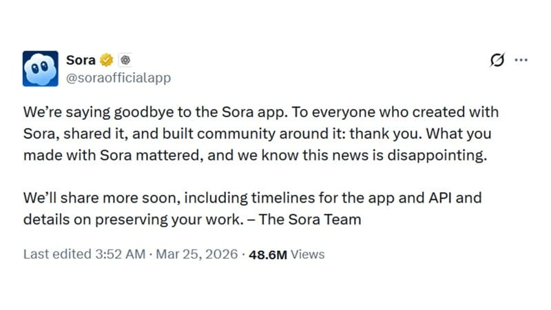 sora shut down announcement on x