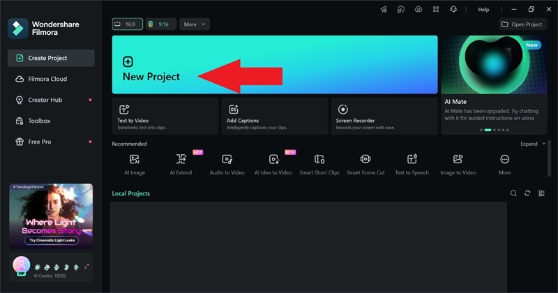 start a new project in filmora