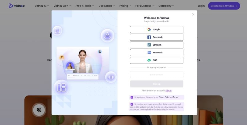 sign up or sign in to vidnoz ai