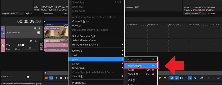 start detaching audio in sony vegas