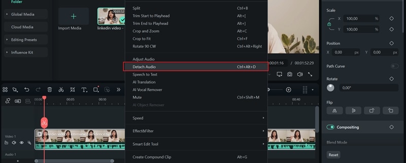 select detach audio from menu