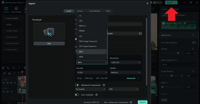 export the edited video or audio