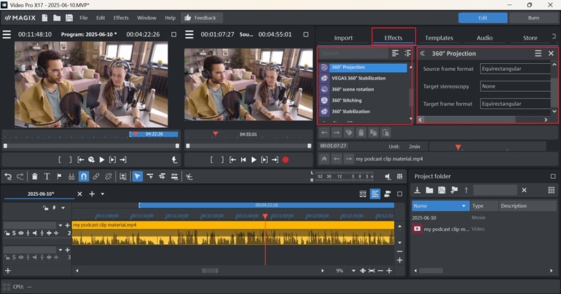 magix video pro 360 effects window
