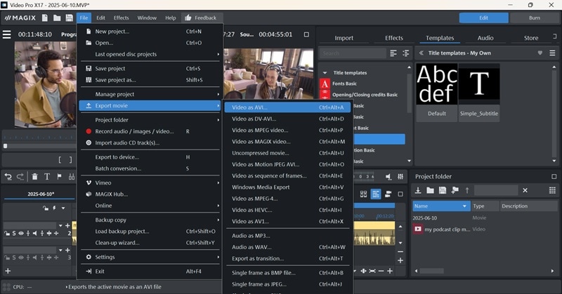 exporting in magix video pro