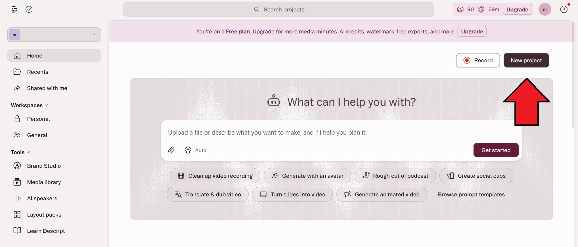 create a new project on descript