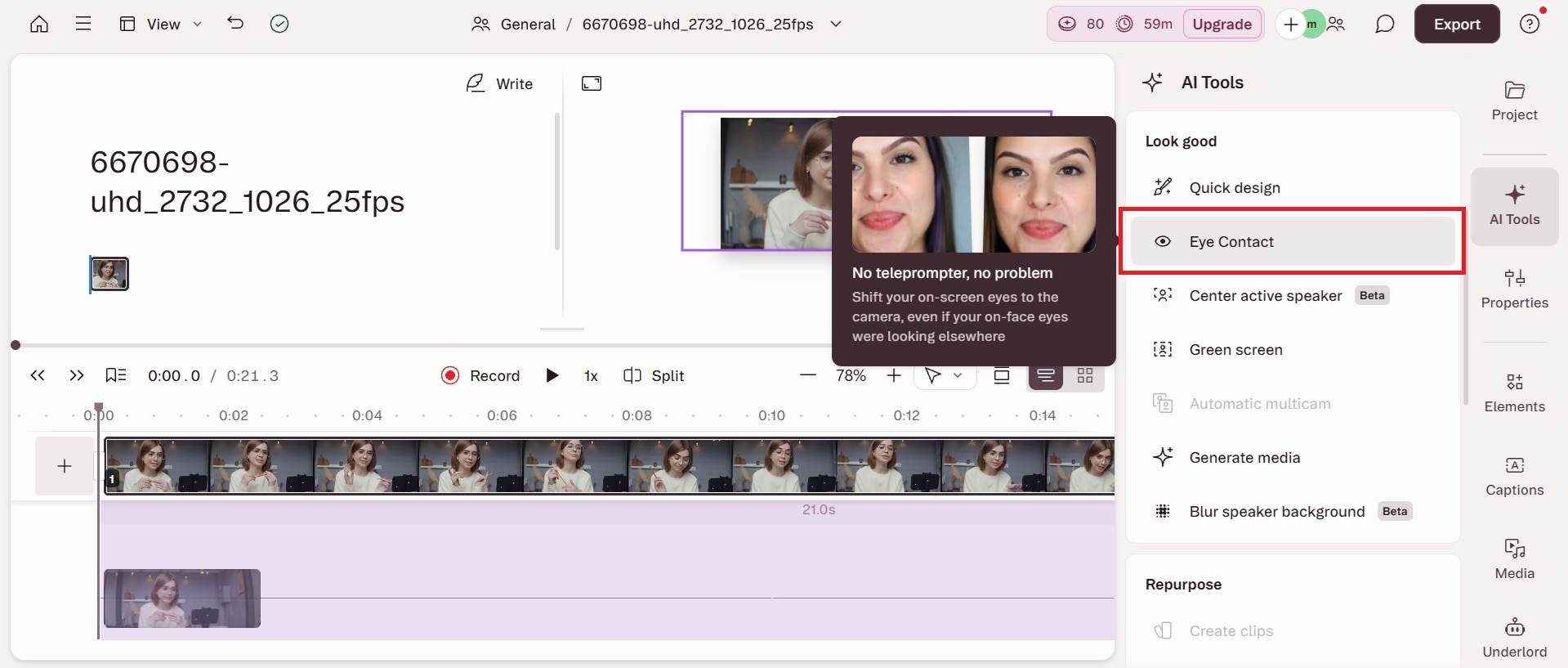 enable descript eye contact