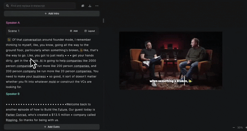 transcript based editing in recast studio