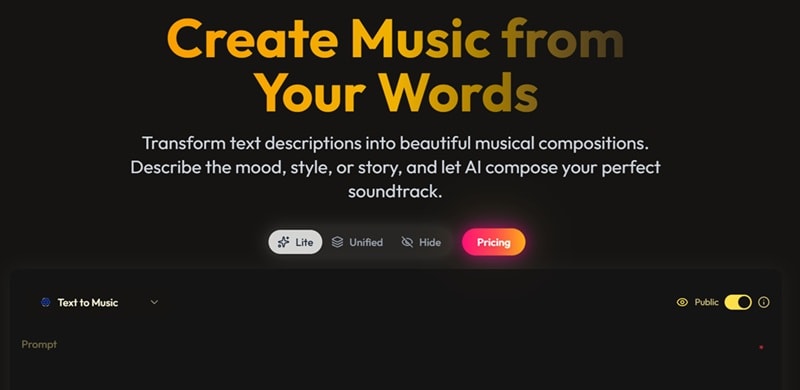 dreamega text to music feature page