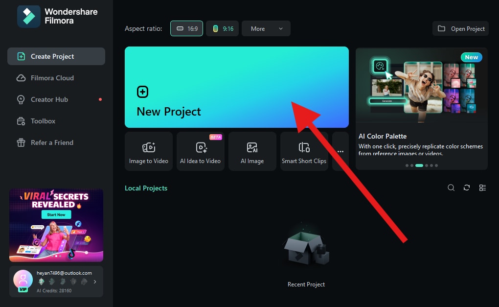 create new project using filmora desktop