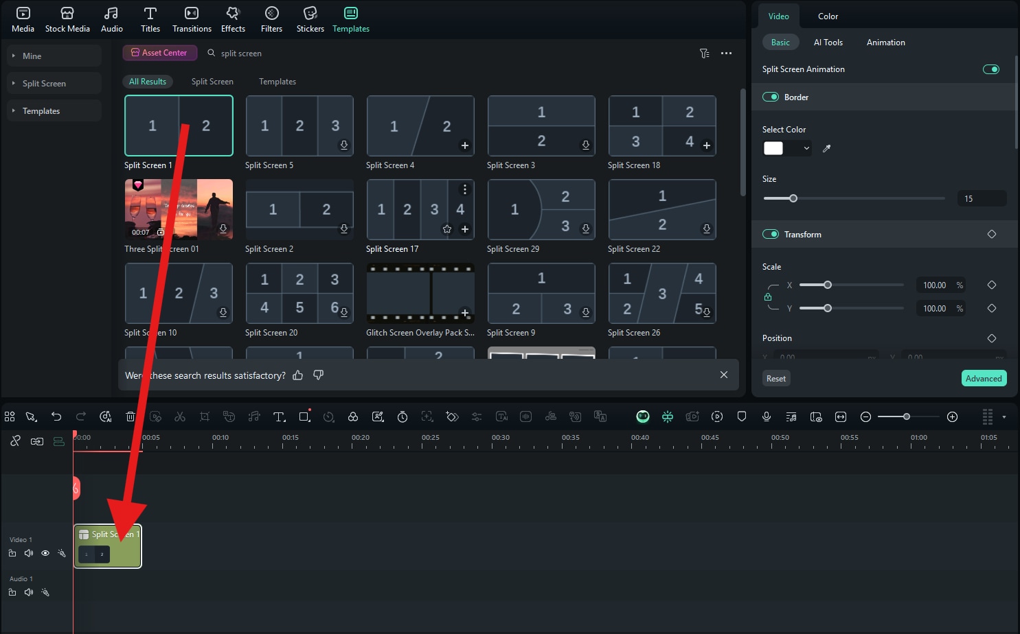 drag split screen template to timeline