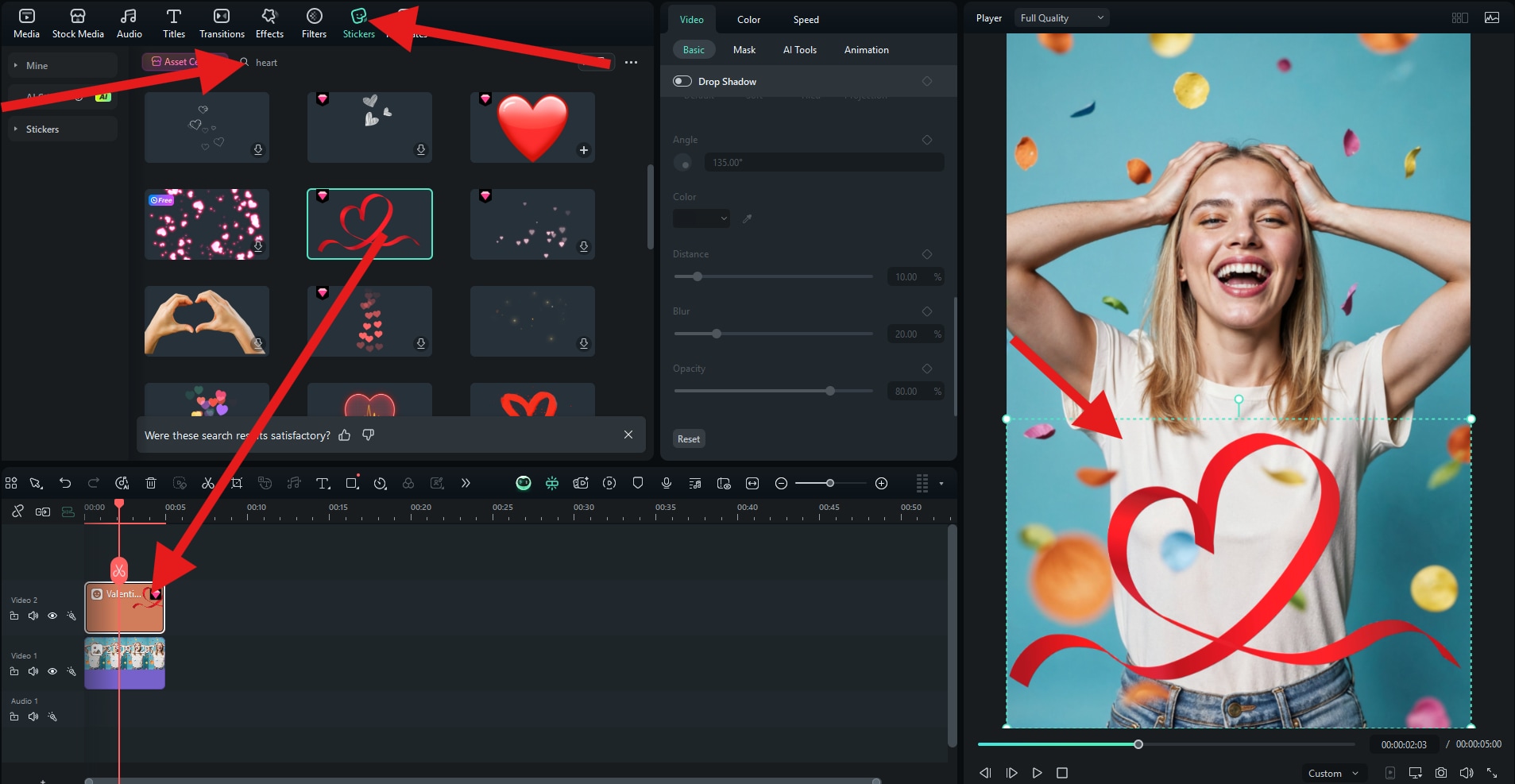 add heart sticker using filmora desktop