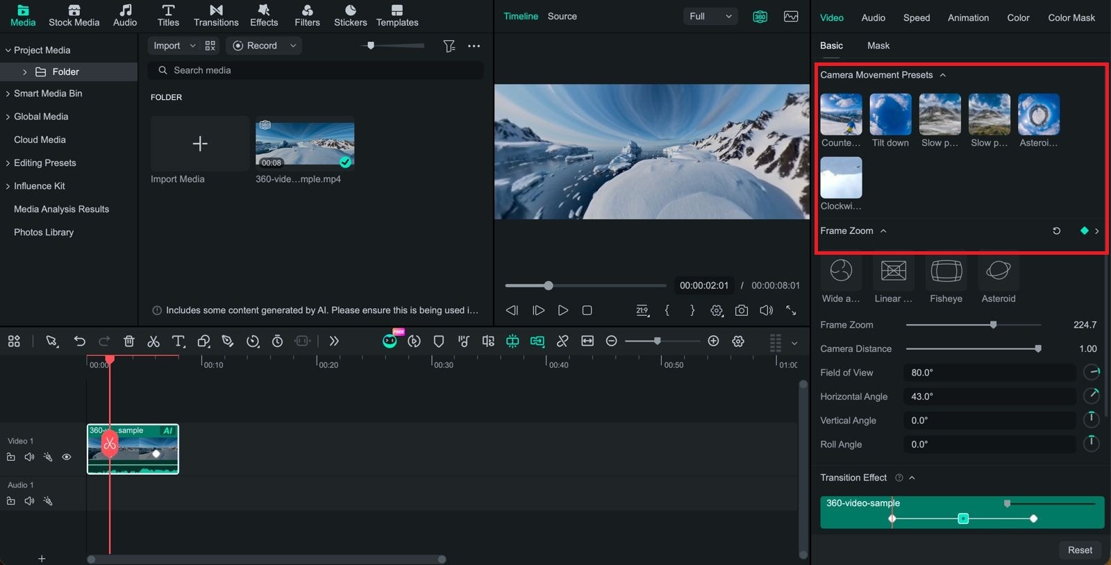 crear movimiento de cámara en un video 360 grados con preajustes o fotogramas clave