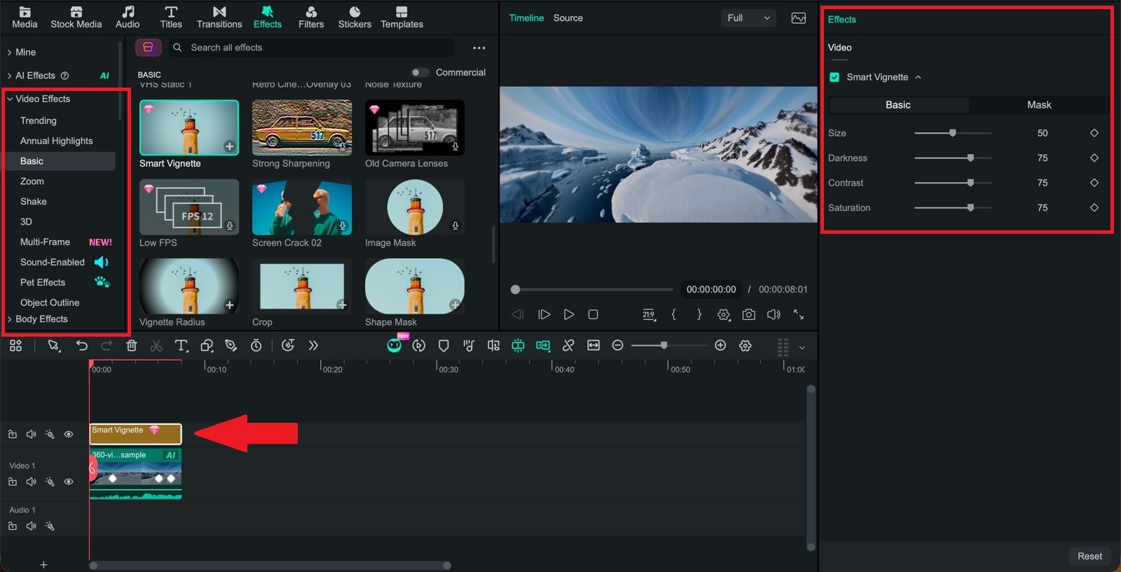 editar un video 360 reencuadrado junto con títulos efectos y audio