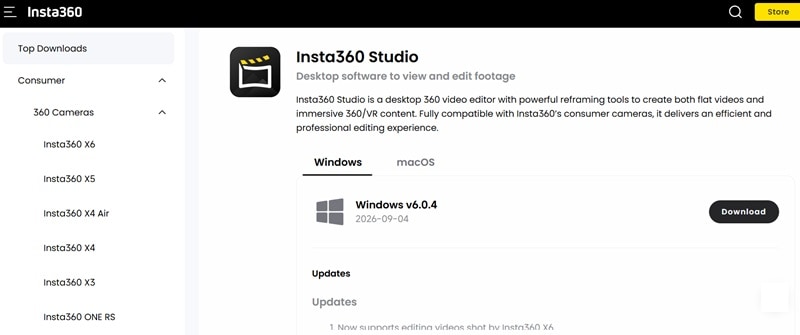 insta360 studio download page