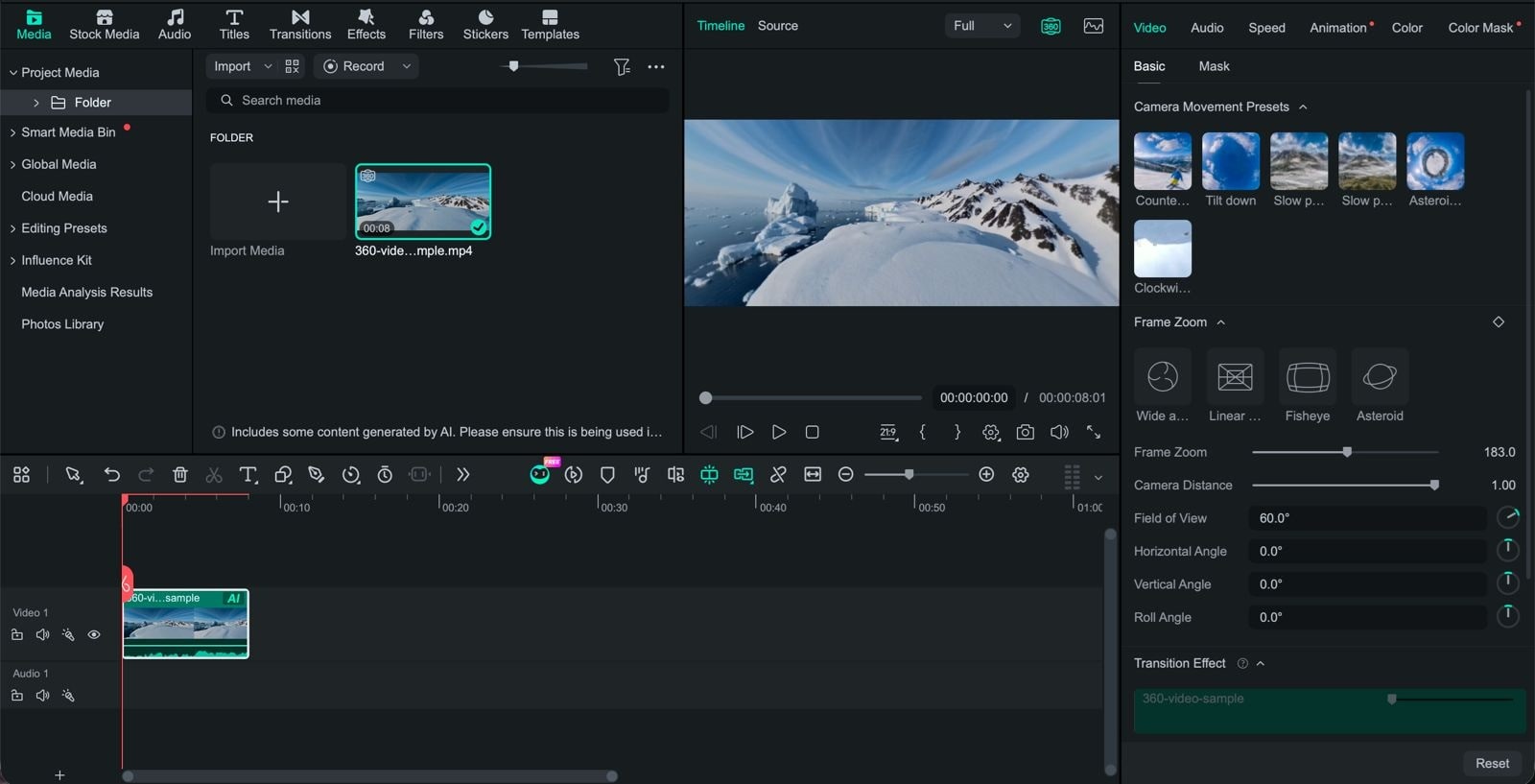 filmora 360 video editing feature