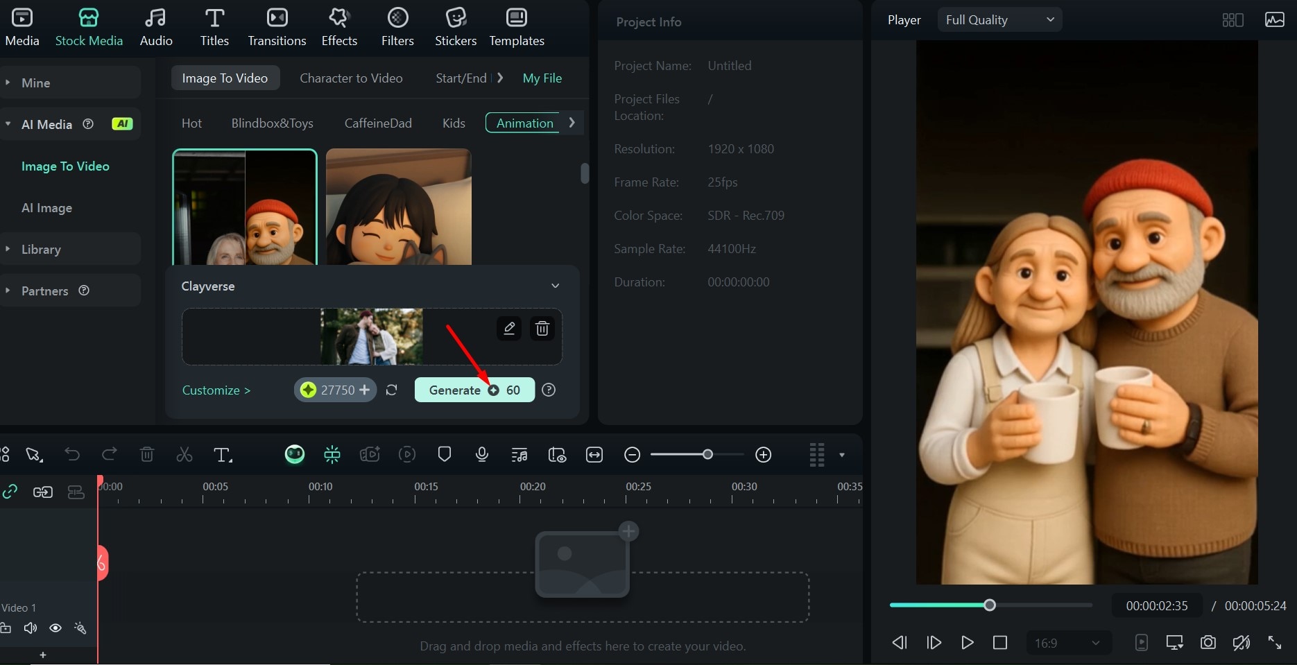 filmora clayverse generate video