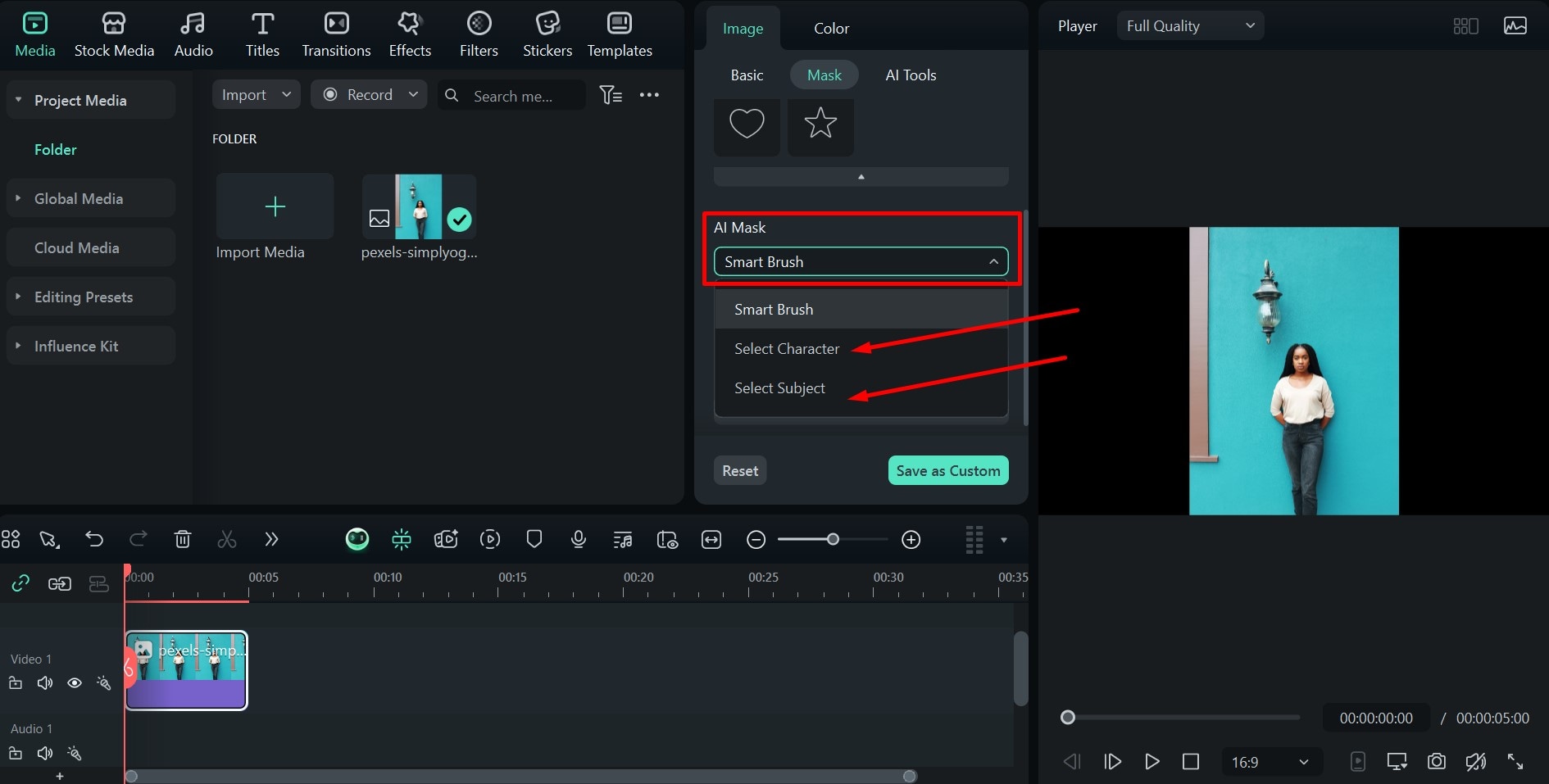 filmora ai mask settings