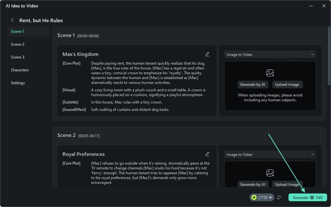 review scenes and start generate