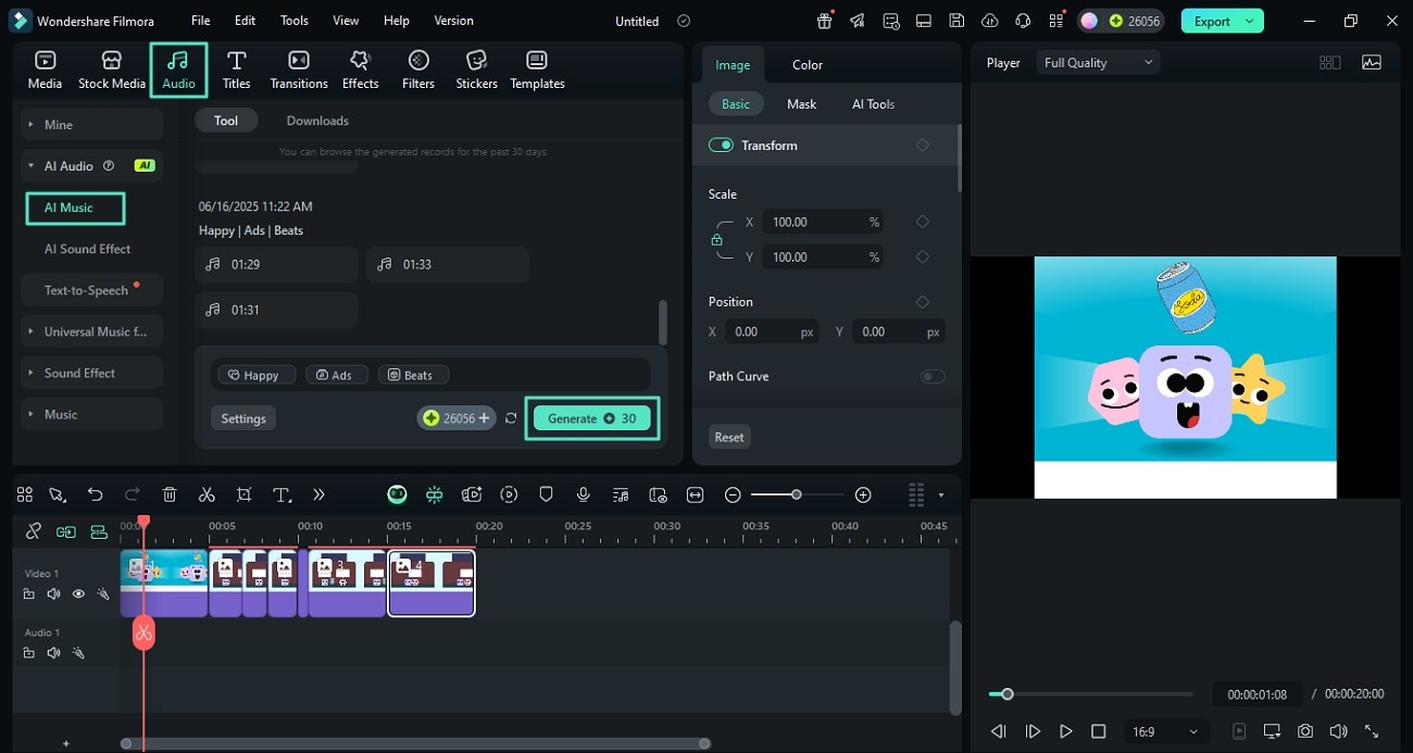 utilize ai music filmora feature
