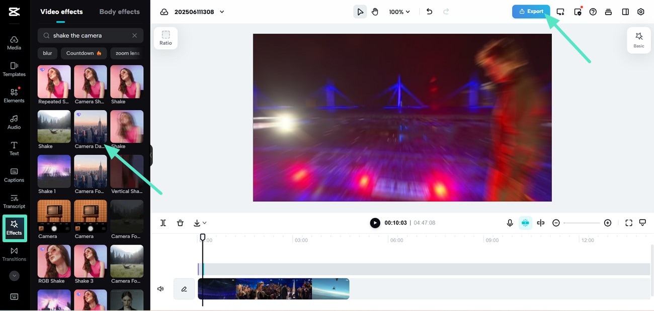 use camera shake effect export 